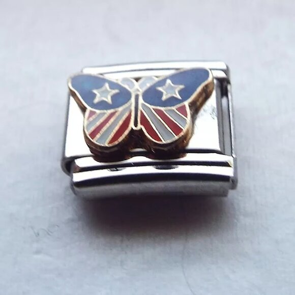 Patriotic enamel butterfly 9mm stainless steel Italian charm bracelet link new - Picture 1 of 2